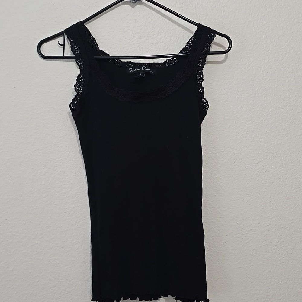 French Laundry Y2y Ribbed Lace Cami Black Lettuce Hem Size M Tank Top